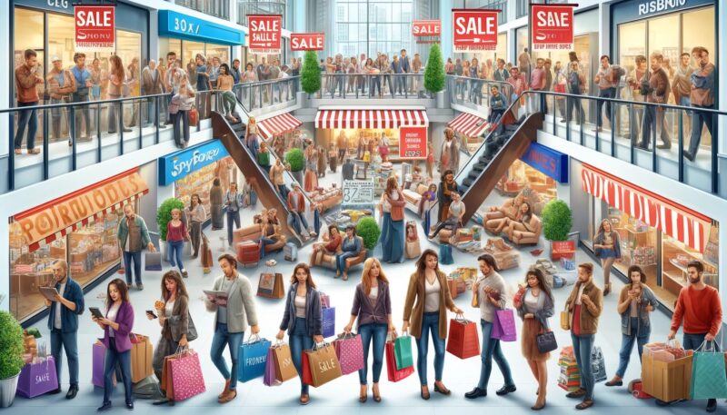 The created image portrays a bustling shopping mall scene, emphasizing the concept of impulse purchases. It features diverse shoppers holding shopping bags filled with a variety of items like electronics, clothing, and snacks. The expressions on some shoppers' faces show surprise and regret, highlighting the unplanned nature of their purchases. Others appear joyfully engaged with their items. Prominent sale signs and special offers are displayed in shop windows, suggesting the strong influence of promotions on buying decisions. This scene vividly captures the mix of emotions and the environment that often leads to impulse buying.