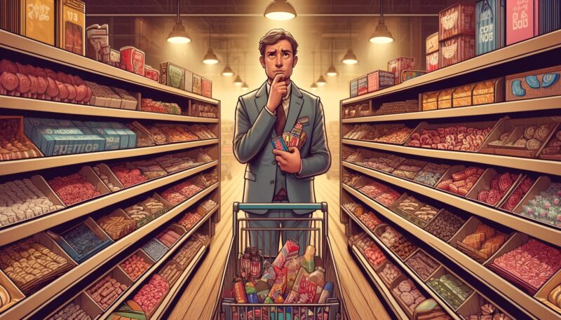 The second image captures a different aspect of impulse purchasing, set in a grocery store. It shows an individual standing in front of a checkout counter, which is lined with various tempting products like candies, magazines, and small gadgets. The individual appears thoughtful and somewhat conflicted, holding an item that wasn't originally intended for purchase. Their shopping cart, filled with more substantial items, indicates the presence of a planned shopping list, contrasting with the unplanned item in their hands. This scene effectively captures the moment of decision, reflecting the psychological aspect of impulse buying where consumers are influenced by store layout and last-minute temptations to make unplanned purchases.