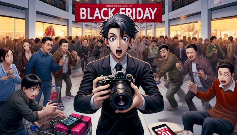 The image vividly captures Yuya-san's experience during a Black Friday shopping spree. Set in a vibrant shopping mall, Yuya-san is portrayed at the center, holding a high-end camera that he found at an incredibly reduced price. His expression blends excitement and surprise, perfectly encapsulating the essence of an impulse purchase. Surrounding Yuya-san, other shoppers are depicted enthusiastically grabbing items, swept up in the sales frenzy. The store is adorned with promotional signs and banners, advertising the irresistible Black Friday deals. This scene successfully conveys the hectic atmosphere of Black Friday sales, showcasing the powerful allure of discounts and the impulse buying behavior they trigger among consumers.