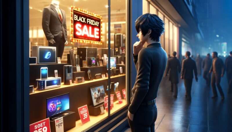 The image portrays another moment in Yuya-san's Black Friday experience. Here, Yuya-san is seen standing outside a store, thoughtfully gazing at a display window filled with various electronic gadgets on sale. His expression is contemplative, capturing the moment of decision-making, as he considers whether to enter the store. The display window is designed to be highly attractive, with bright lights and bold sale signs, effectively emphasizing the allure of the Black Friday deals. In the background, shoppers are observed in different states of action – some rushing into the store, eager to take advantage of the deals, while others are admiring the window display, drawn by the visual appeal. This image effectively illustrates the temptation and psychological impact of impulse purchases, especially during significant sales events like Black Friday.