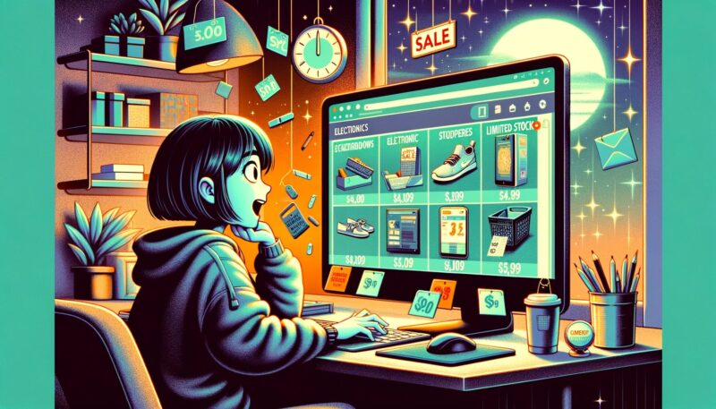 The image effectively captures Akira's experience during an online flash sale. Akira is depicted sitting at her computer in a cozy home setting. Her eyes are wide with surprise and excitement as she browses an online shopping website. The computer screen is filled with countdown timers and limited-stock notices, showcasing various items on sale such as electronics, designer shoes, and kitchen gadgets, all marked with significant discounts. The contrast between the relaxed home environment and the urgency conveyed by the online sale is striking. This scene vividly illustrates the impulse buying behavior encouraged by online flash sales, where the combination of attractive deals and the pressure of time-limited offers compel consumers to make quick and often unplanned decisions.