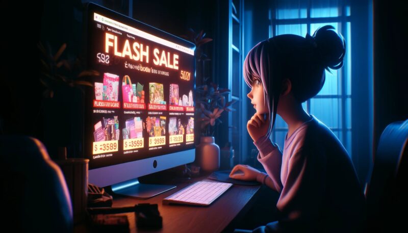 The image captures Akira's late-night online flash sale experience. Akira is portrayed in her home, sitting in front of her computer. Her expression is a mix of excitement and concentration, highlighting the engaging nature of the sale. The computer screen vividly displays various products, with countdown timers and 'Sale Ending Soon' banners, characteristic of flash sale websites. The room around her is dimly lit, creating a focused and intimate atmosphere, perfect for her shopping adventure. This scene effectively illustrates the enthralling nature of online flash sales and how they encourage impulsive buying behavior, especially in the comfortable and private setting of one's own home at night.