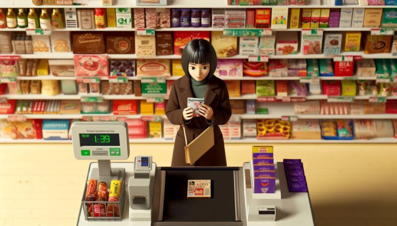 The image depicts the scenario of Keiko encountering temptations at a supermarket checkout line. Keiko is shown standing in the checkout queue, surrounded by a variety of impulse buy items, such as magazines, chocolates, and small gadgets, all strategically placed near the register. She appears to be in a dilemma, holding one of the items while glancing at her shopping list, reflecting the inner conflict between her planned purchases and the sudden allure of these unplanned items. The environment captures the typical layout of a supermarket checkout area, with products positioned to catch the shopper's eye. This scene effectively highlights the common impulse purchase situation where customers, even those with a planned shopping list like Keiko, are enticed to add last-minute, unplanned items to their baskets.