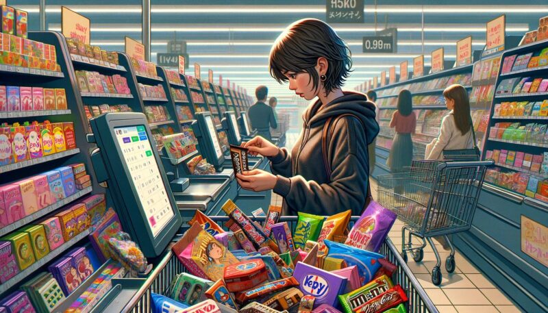 The second image further illustrates Keiko's experience in the supermarket checkout line. Keiko is depicted in a moment of contemplation, surrounded by various impulse items like candy bars, small toys, and lifestyle magazines, all enticingly displayed at eye level near the cash register. She is shown examining a candy bar, symbolizing the temptation of impulse buying. In the background, her shopping cart filled with groceries is visible, contrasting her planned purchases with the unplanned item in her hand. The checkout line includes other customers, some of whom are also browsing the impulse items, highlighting how common this behavior is. The supermarket atmosphere is busy and vibrant, emphasizing the strategic placement of these products to encourage last-minute purchases by customers.