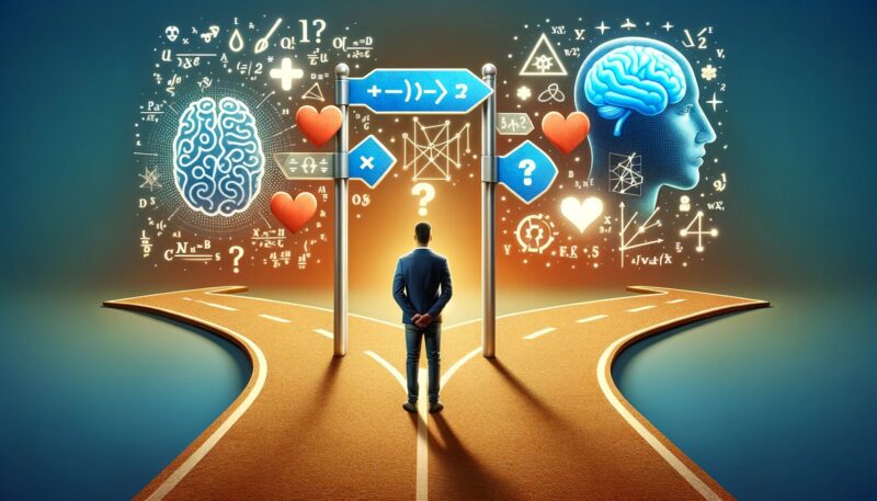 The second image I've created captures the essence of cognitive dissonance in the context of decision-making. It illustrates a person standing at a crossroads, embodying uncertainty. One path is marked with symbols of logic, such as mathematical equations and a brain, indicative of rational thinking. In contrast, the other path is adorned with symbols of emotion, including a heart and expressive faces, representing emotional reasoning. Suspended above the crossroads is a thought bubble with a question mark, symbolizing the individual's inner conflict between rational and emotional choices, a key feature of cognitive dissonance.