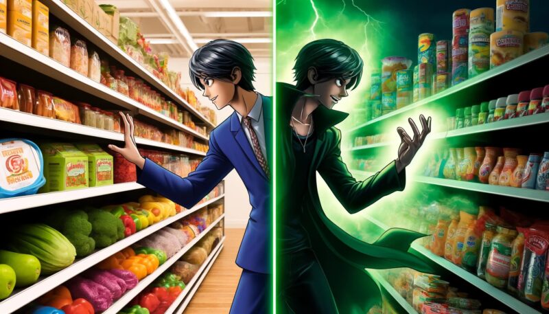 The image illustrates Yuya-san in a grocery store, caught in a moment of cognitive dissonance. On the left side, Yuya-san is shown reaching for healthy, organic food items, reflecting his health-conscious beliefs. In stark contrast, the right side depicts him being tempted by a vibrant display of unhealthy snacks. This visual dichotomy, with the healthy choices in green tones and the unhealthy options in more vibrant, appealing colors, symbolizes the internal conflict Yuya-san experiences. He's torn between his long-term commitment to health and the immediate temptation of tasty but unhealthy snacks.