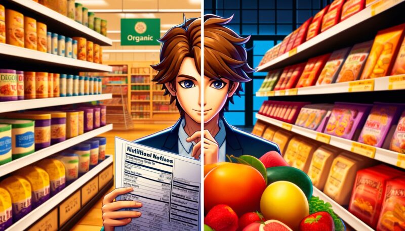 In this image, Yuya-san is depicted in a supermarket, symbolizing the cognitive dissonance experienced during decision-making. The scene is split into two distinct halves. On one side, Yuya-san is seen carefully examining the nutritional information on organic food products, surrounded by symbols of health and wellness like fruits and vegetables. This represents his rational decision-making process and commitment to health. The other half of the image presents a stark contrast, showing Yuya-san looking tempted and excited by a display of sugary, unhealthy snacks. The vibrant colors and alluring imagery of this side highlight the appeal of immediate gratification from unhealthy choices. This visual juxtaposition captures the essence of cognitive dissonance, where rational health decisions clash with the temptation of less healthy but immediately gratifying options.