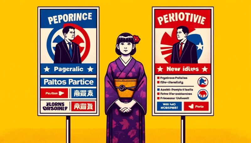 The image depicts Akiko in the midst of cognitive dissonance while choosing a political candidate. She stands between two campaign posters, each symbolizing a different choice. On her left is a poster representing party A, embodying her family's traditional support, adorned with symbols of heritage and loyalty. On her right, there's a poster for candidate B from a different party, highlighting progressive policies and new ideas that resonate with Akiko's personal beliefs. This visual captures the tension Akiko experiences, torn between the loyalty to her family's political tradition and her own political convictions.