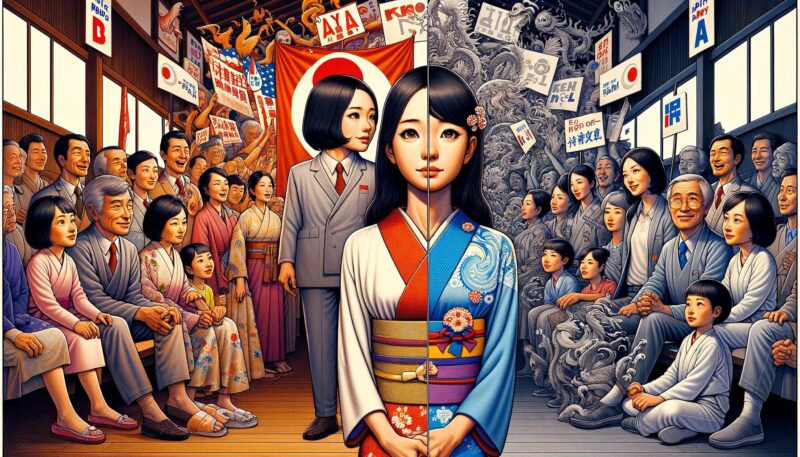 The image portrays Akiko's cognitive dissonance in the context of political decision-making. The scene is divided into two contrasting sections. On one side, Akiko is in a traditional setting with her family, surrounded by symbols of party A, reflecting her family's long-standing political affiliation. This side represents tradition and familial loyalty. On the other side, Akiko is at a political rally for candidate B, amidst enthusiastic supporters and banners championing change and innovation. This side symbolizes progressive thinking and personal belief. The stark contrast between the traditional and progressive environments highlights Akiko's internal struggle: the choice between adhering to family traditions and embracing her own political convictions.