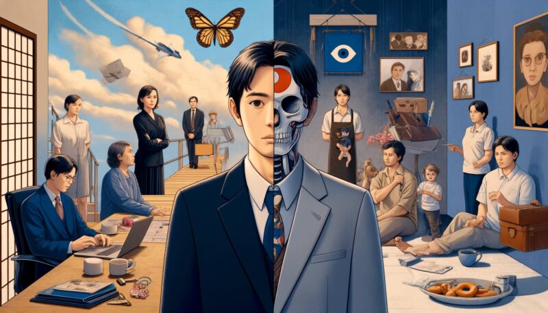 The image captures Hiroshi's cognitive dissonance between cultural norms and personal beliefs. Hiroshi is depicted as being split between two contrasting worlds. On one side, he's in a traditional setting, possibly an office or family gathering, surrounded by symbols of conventional success, such as business attire and a family portrait, which represent cultural expectations. On the other side, Hiroshi is in a more modern, relaxed environment, perhaps an art studio or a travel scene, symbolizing his desire for personal fulfillment and a less conventional lifestyle. This visual metaphor poignantly illustrates the inner conflict Hiroshi experiences, torn between conforming to cultural norms and pursuing his own values and happiness.