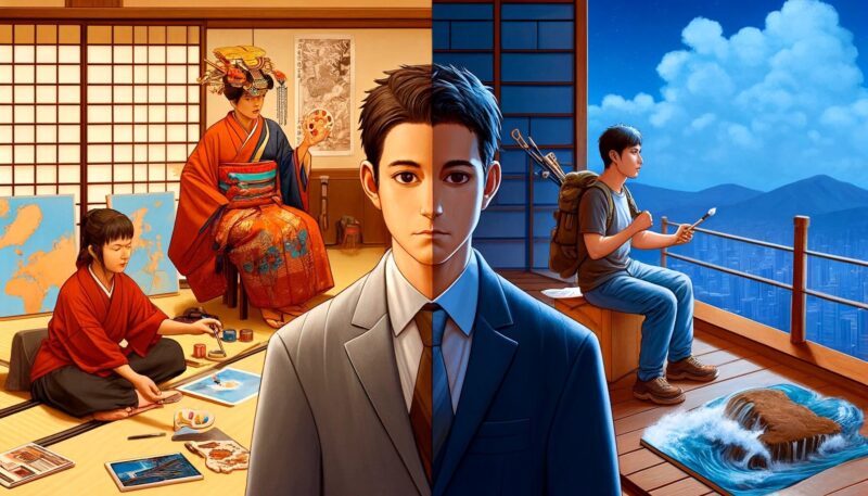 The image showcases Hiroshi's struggle with cognitive dissonance between his cultural upbringing and personal aspirations. Hiroshi is centrally placed, looking contemplative. On one side, he's depicted in a traditional Japanese setting, dressed in formal attire, possibly participating in a cultural ceremony or a formal business meeting. This side symbolizes the expectations of his cultural upbringing. In stark contrast, the other side shows Hiroshi engaging in creative activities or exploring new experiences, like painting or backpacking, representing his personal aspirations for a more individualistic and adventurous life. The contrasting imagery vividly highlights the tension Hiroshi faces between societal expectations and his personal desires.