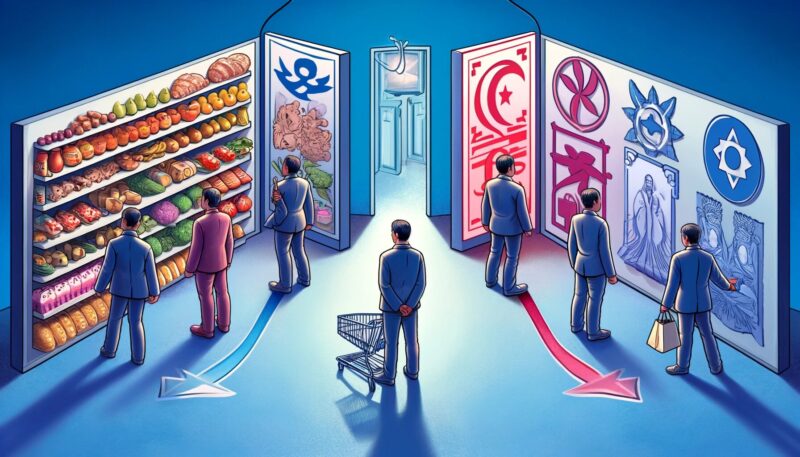 The image visually summarizes the concept of cognitive dissonance through three distinct scenarios. First, it shows a person in a shopping aisle, torn between healthy and unhealthy foods, symbolizing the conflict in decision-making. Second, an individual is depicted at a voting booth, faced with two contrasting political party symbols, representing the struggle in choosing a political candidate. Finally, the image portrays a person standing at a cultural crossroad, with traditional symbols on one side and modern, individualistic symbols on the other, illustrating the tension between cultural norms and personal beliefs. These scenes collectively convey the essence of cognitive dissonance, highlighting the psychological conflict arising from contradictory beliefs or behaviors.