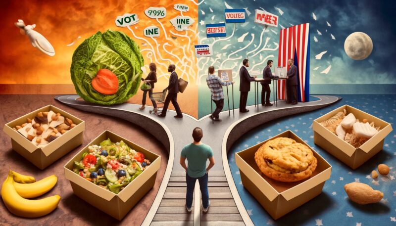 The image created is a 16:9 conceptual collage that encapsulates the theme of cognitive dissonance. It seamlessly blends together three key scenarios: First, it depicts a shopper hesitating between a healthy salad and a tempting dessert, symbolizing the internal conflict experienced during decision-making. Second, it shows a voter in a booth, torn between two distinctly different political party logos, indicating the dilemma inherent in political choices. Lastly, it portrays an individual at a crossroads, where one path is lined with traditional cultural symbols and the other with modern, urban elements, highlighting the clash between cultural expectations and personal aspirations. These elements together create a cohesive narrative that vividly illustrates the concept of cognitive dissonance, where conflicting beliefs or behaviors lead to psychological tension.