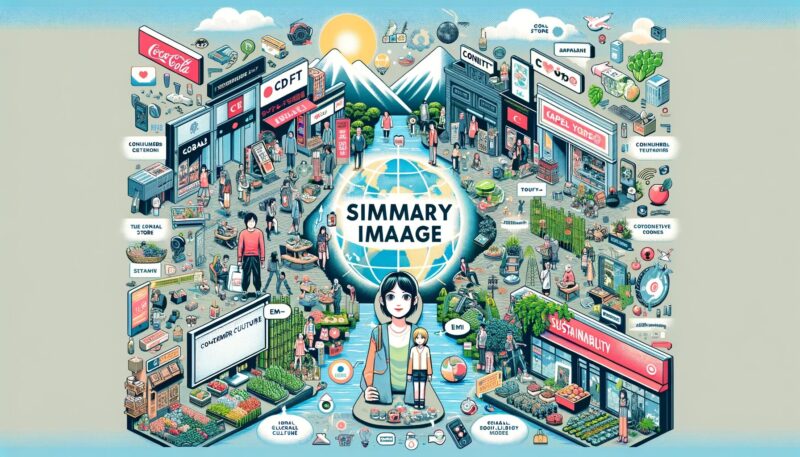 The summary image encapsulates the exploration of Consumer Culture Theory (CCT) through the narratives of Yuya-san, Emi, and Hiro. It is a collage that blends key elements from each story: Yuya-san's encounter with the juxtaposition of global and local culture, Emi's engagement with social media trends influencing her consumer behavior, and Hiro's commitment to sustainability in consumer culture. The collage includes representations of global brand stores, the pervasive influence of social media, and eco-friendly markets. This image visually represents the multifaceted nature of CCT, illustrating the complex interplay between cultural identity, digital influence, and environmental consciousness in shaping consumer behavior.