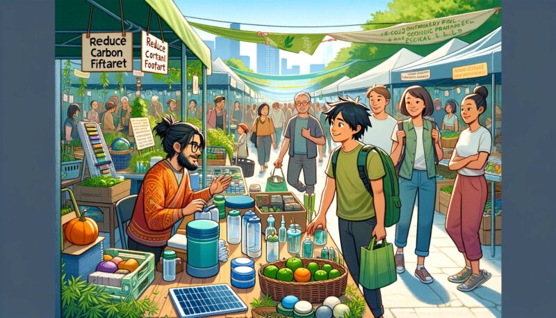 The image captures Hiro engaging with vendors and other customers in an eco-friendly market. It depicts a lively interaction where Hiro is in deep discussion with a vendor about sustainable products. He is examining items like reusable containers, solar-powered gadgets, and eco-friendly apparel, showcasing his interest in various sustainable solutions. In the background, other customers are actively exploring and purchasing various sustainable goods, contributing to the communal aspect of the market. The environment is vibrant and filled with greenery, with signs promoting the reduction of carbon footprints and support for ethical practices. This scene vividly illustrates the communal aspect of sustainability movements and the collective effort within consumer culture to make environmentally conscious choices.