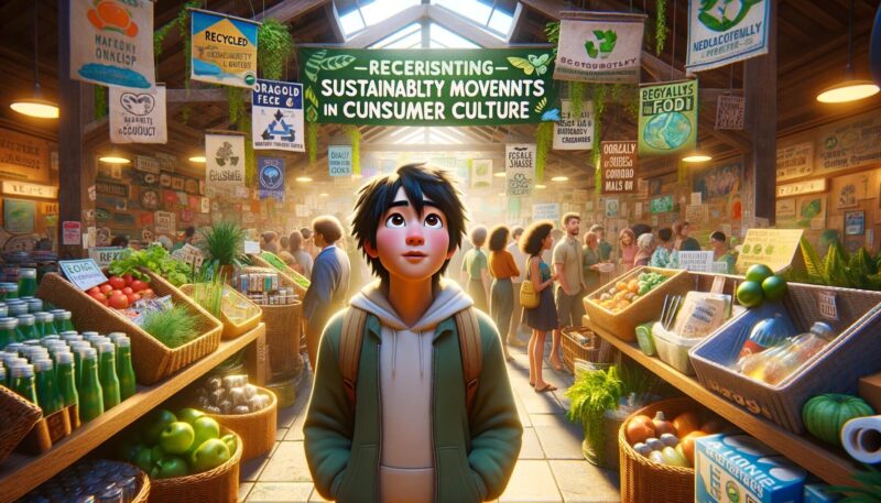 The image illustrates Hiro exploring the sustainability movements within consumer culture. The scene is set in an eco-friendly market, bustling with a variety of sustainable products such as recycled goods, organic food, and ethically made clothing. The market exudes a vibrant and positive atmosphere, adorned with signs and banners promoting sustainability and eco-friendliness. Hiro is seen looking curious and impressed, which reflects his commitment to sustainable living and his interest in the adaptation of consumer culture to environmental concerns. This depiction effectively highlights the growing trend of sustainability in consumer choices and how markets are responding to this paradigm shift.