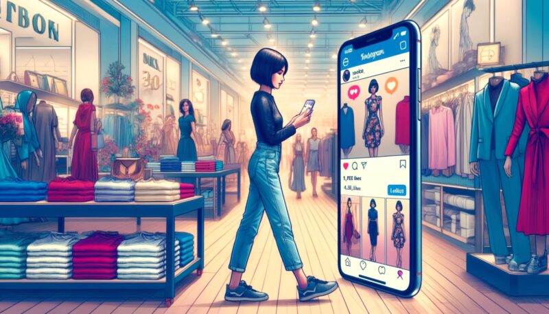 The image illustrates Emi shopping in a mall, with her choices heavily influenced by social media. In the scene, Emi is inside a store, selecting clothes that align with the latest fashion trends she discovered through social media. She holds her smartphone in her hand, which displays a social media app filled with fashion posts. The store has a modern and trendy ambiance, with displays mirroring the styles Emi has seen online. Emi is depicted comparing the clothes in the store with the posts on her phone, exemplifying the direct impact of social media on her shopping decisions. This scene effectively demonstrates how social media bridges her online and offline worlds, guiding her consumer behavior.