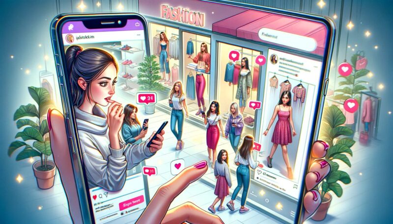 The image depicts Emi being influenced by social media trends in her consumer behavior. Emi is shown browsing through her social media feed on her smartphone, where posts of influencers promoting the latest fashion trends are prominently displayed. She is surrounded by fashion stores that showcase the same trends, highlighting the direct influence of social media on her shopping environment. Emi appears engaged and excited, her expression and posture reflecting how the digital world impacts her choices. The scene merges the digital world of social media with the physical experience of shopping, emphasizing the significant role social media plays in shaping consumer decisions and preferences.