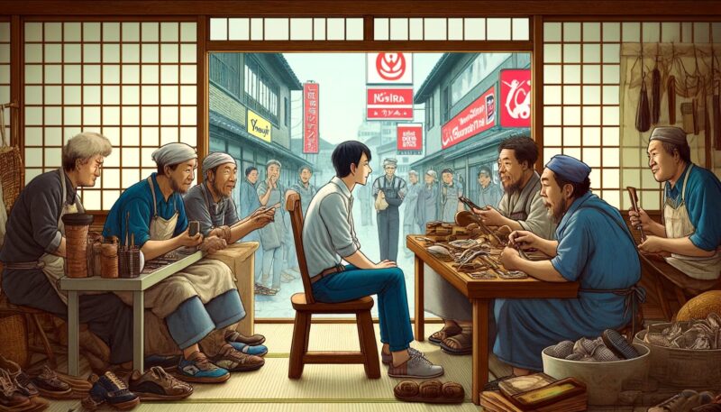 This image represents a scene where Yuya-san is engaging in a conversation with local artisans in a small town. The setting is a workshop filled with traditional crafts, symbolizing the artisans' dedication to their cultural heritage. Through the workshop window, signs of global brand influence are visible, like a fast-food chain and an international fashion store. This stark contrast highlights the tension between preserving traditional practices and the growing presence of global consumer culture. The artisans' expressions show concern yet resilience in the face of these changes, while Yuya-san appears attentive and thoughtful, reflecting the complexity of emotions in this evolving cultural landscape. The scene captures the delicate balance between maintaining cultural uniqueness and adapting to global influences.