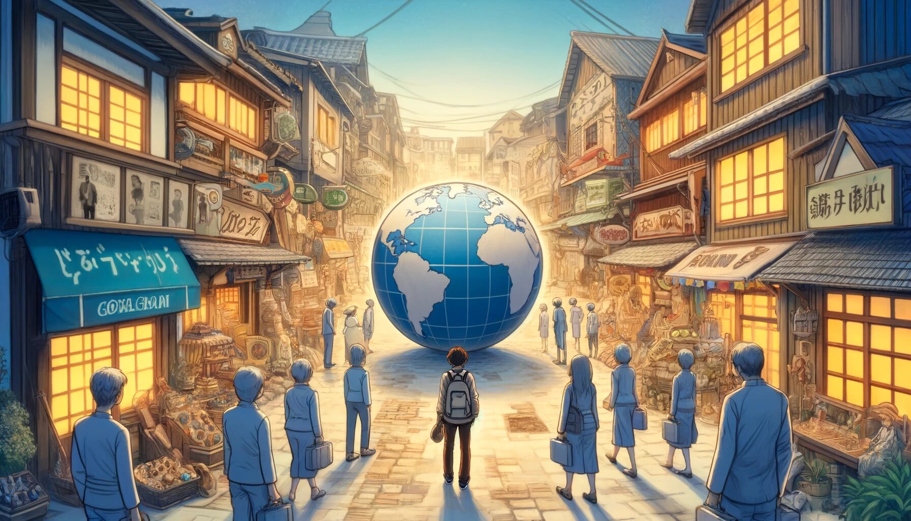 The image illustrates the story of Yuya-san exploring the impact of global brands on local cultures. It shows Yuya-san walking through a charming town that exhibits a mix of global and local elements. The scene contrasts traditional local shops with stores of global brands. You can see artisanal crafts, representing local culture and heritage, being overshadowed by mass-produced items from global brands. The image captures the essence of cultural exchange and the challenge faced by local identities trying to preserve their uniqueness amidst the pervasive influence of global consumerism. This setting effectively depicts the complexities and nuances involved in the interaction between global and local cultures in a small town environment.