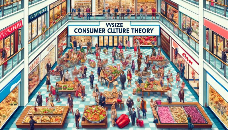 This image provides a visual representation of Consumer Culture Theory within the setting of a shopping mall. It depicts a diverse group of people, each showcasing unique lifestyles and preferences. The scene captures individuals in various stores, ranging from high-end boutiques to budget-friendly shops. The mall includes elements of global culture, such as an array of diverse cuisines in the food court and the presence of multinational brand logos. This setting effectively illustrates the variety and fragmentation in consumer tastes and choices. It demonstrates how consumer culture is not a uniform entity but rather a mosaic of different identities and values, all coexisting within a commercial space. This imagery aligns with the central tenets of Consumer Culture Theory, highlighting the diverse, interconnected nature of consumerism and its impact on individual identities.