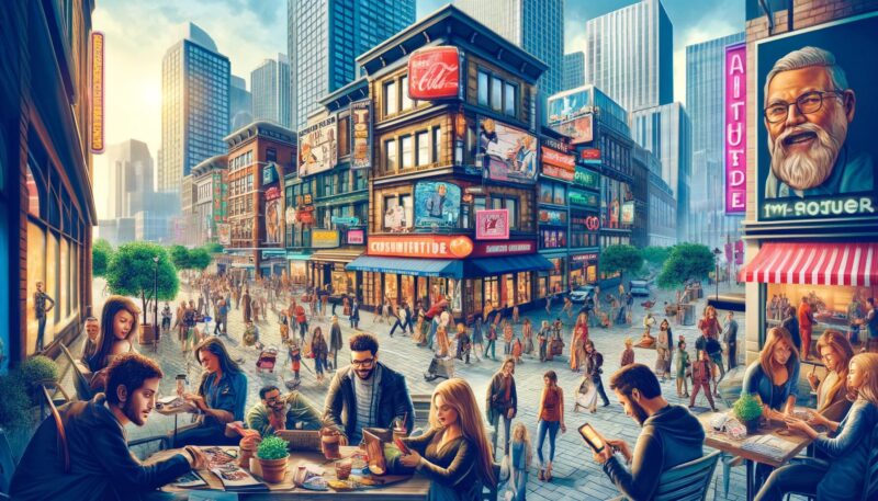 The image created visually represents Consumer Culture Theory. It showcases a vibrant cityscape filled with diverse individuals engaged in various consumer activities. People are seen shopping, using modern technology, and socializing in cafes, highlighting the role of consumer behavior in everyday life. The scene is adorned with prominent advertising and branded products, emphasizing the pervasive influence of consumer culture. This depiction captures the essence of how consumerism shapes individual identities and social relationships. It reflects the complex interconnectedness of consumers, products, and cultural symbols within a modern urban environment, illustrating the central themes of Consumer Culture Theory.