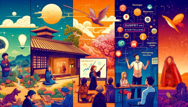 The image is a vibrant and detailed illustration that encapsulates the summary of storytelling's diverse applications. It beautifully combines elements from various environments: 1) a traditional Japanese village where Yuya-san is telling a story, 2) a New York classroom where Sarah uses storytelling in her teaching, and 3) a tech startup office where Mark employs storytelling for strategic planning. This depiction highlights the interconnectedness and universal relevance of storytelling across different cultures, education systems, and business sectors, showcasing its impact and importance in a visually engaging manner.