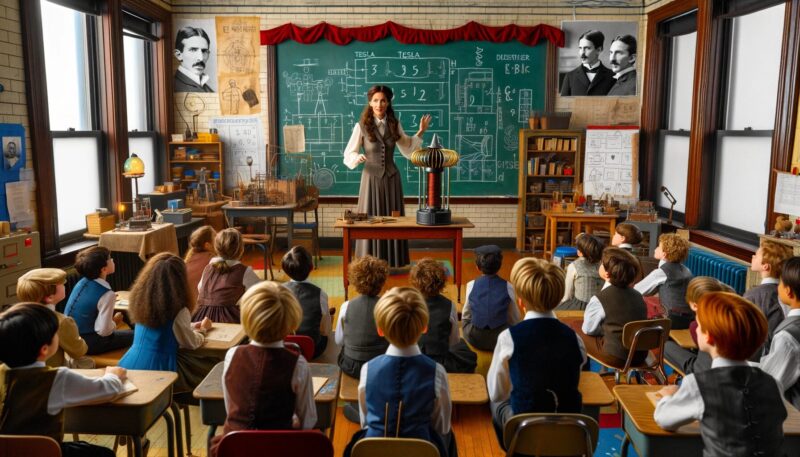 The image features an interactive classroom scene in New York, where Sarah, a dedicated elementary school teacher, is conducting a science lesson through storytelling. The classroom is lively, with children dressed as various inventors and scientists. Sarah, dressed in professional attire, utilizes props such as a model of a Tesla coil and a blackboard adorned with drawings of electrical circuits. The students, eager and focused, are grouped around her, listening intently and occasionally participating in activities that illustrate Tesla's experiments and theories.