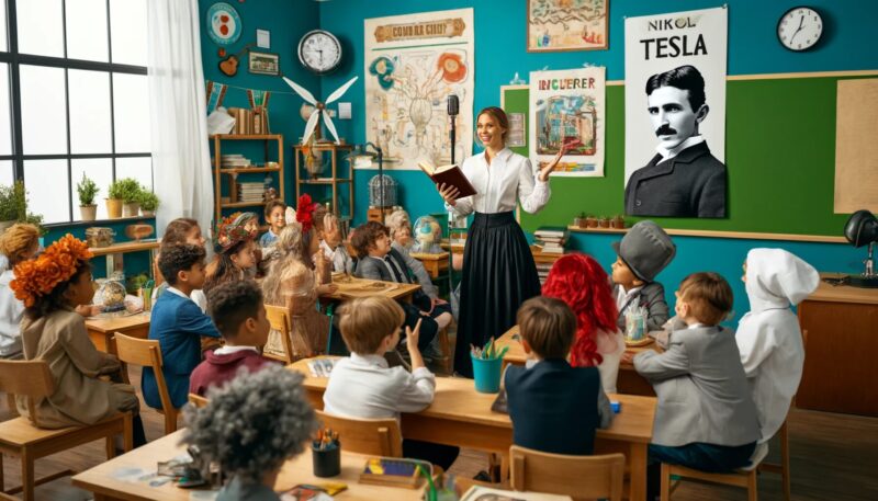 The image illustrates a lively classroom scene in New York City, where Sarah, an elementary school teacher, is using storytelling to teach about Nikola Tesla. The classroom is decorated with colorful educational posters. Sarah, portrayed as a young and enthusiastic teacher, is energetically narrating the story, using a book and visual aids. The students, a diverse group of children, are actively participating, some even dressed as historical figures, including Tesla. They are engaging in a mock debate, embodying the roles of inventors and scientists, which enhances the interactive learning environment.