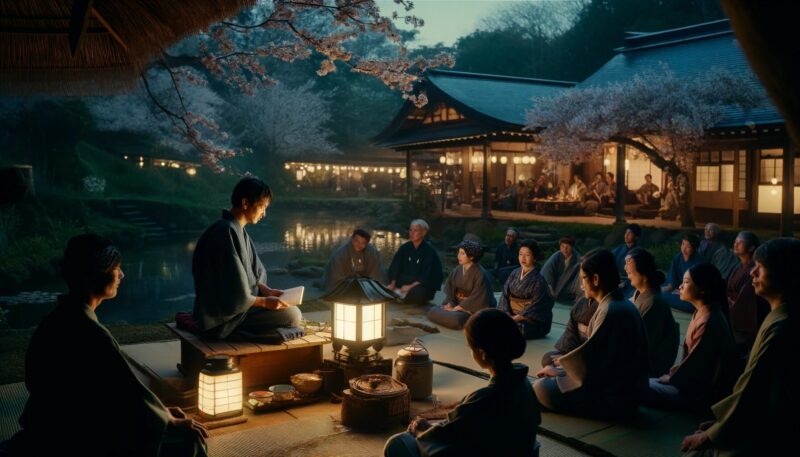 The image depicts a serene evening scene in a Japanese village where Yuya-san, a skilled storyteller, is sharing a traditional tale. The setting is a tranquil garden by a pond, adorned with cherry blossoms in full bloom. Yuya-san, dressed in a traditional dark blue kimono, sits on a small wooden platform, illuminated by a paper lantern. Surrounding him, villagers of different ages are seated on mats, deeply engrossed in his story. The calm environment, accompanied by the soft sounds of nature and a faint glow from the setting sun, enhances the storytelling experience.