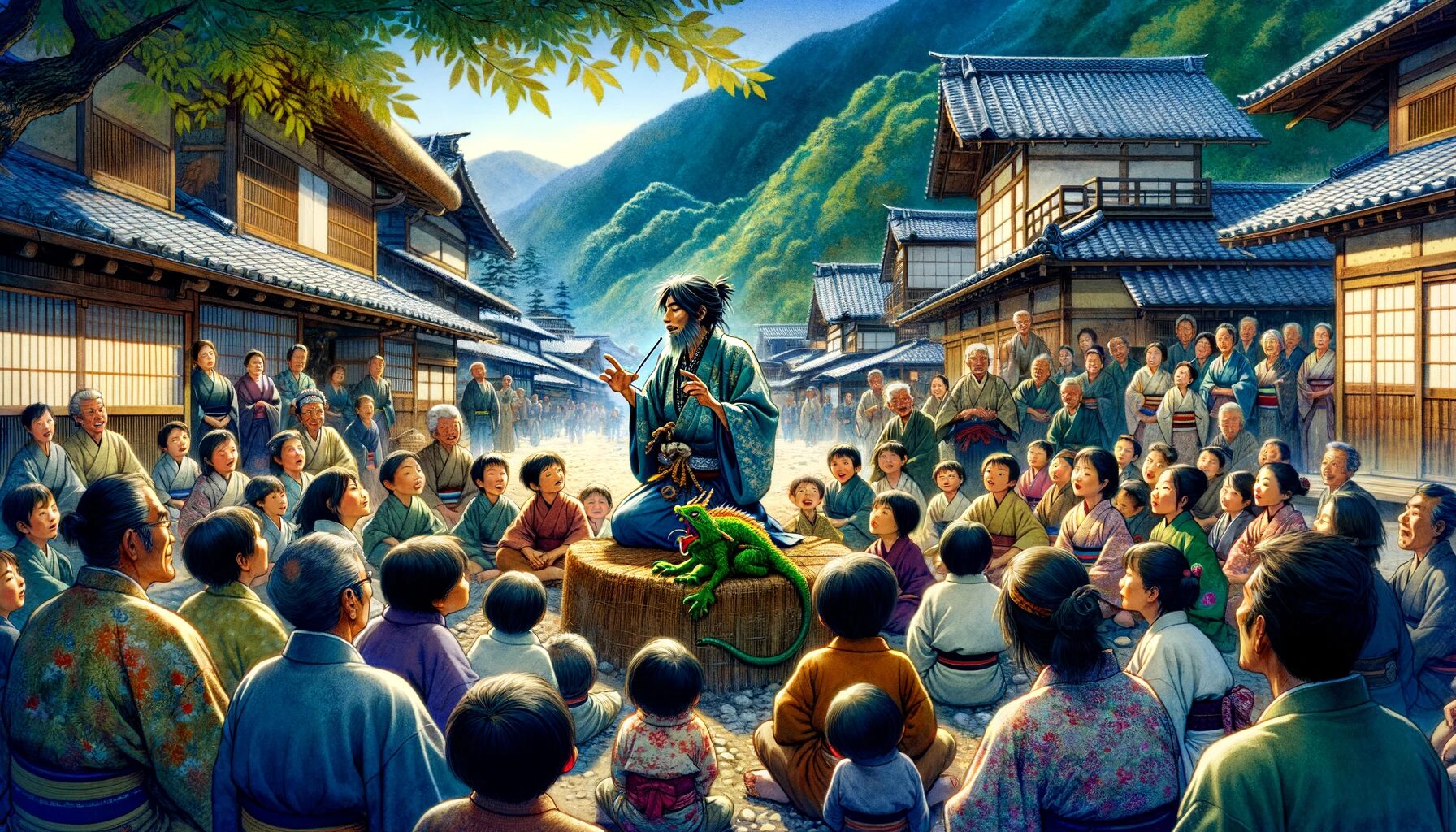 The image captures a vivid scene where Yuya-san, a renowned Japanese storyteller, is engaging with a diverse audience in a remote village. The setting is outdoors, possibly in a picturesque village square, surrounded by traditional Japanese architecture. Yuya-san, dressed in a kimono, is narrating a local legend about a mythical creature to an enthralled group of children and adults. The audience, consisting of villagers of various ages, listens intently. The background features elements of nature, such as trees and distant mountains, emphasizing the village's cultural identity and its connection to nature.