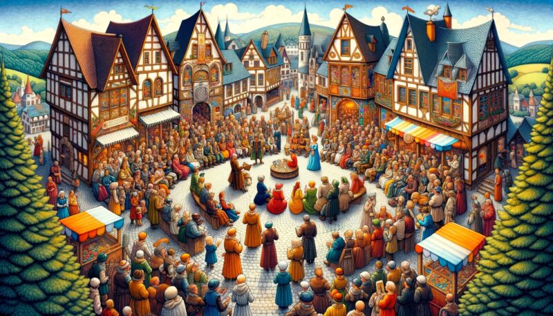 The image showcases a colorful and imaginative storytelling festival set in a medieval village. The central square is bustling with people of various ages, all dressed in period costumes. Multiple storytellers are engaging their groups of attentive listeners. The backdrop features medieval buildings and vibrant market stalls adorned with banners. The festive atmosphere is enhanced by decorations and performers in the background, emphasizing the lively and communal spirit of storytelling.