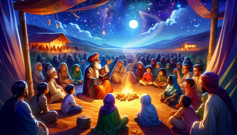 The image depicts a vibrant and engaging scene of ancient storytelling. An elderly storyteller, dressed in traditional robes, is vividly narrating a story to a captivated audience of children and adults gathered around a campfire under a starlit sky. The setting is an expansive natural landscape, enhancing the timeless charm of storytelling. The expressions of wonder and engagement on the faces of the listeners highlight the enchanting power and magic of stories.