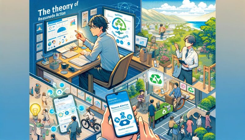 The image provides a detailed representation of the Theory of Reasoned Action, focusing on its impacts across different sectors: Yuya-san is shown in his home office, surrounded by digital health resources, actively engaging in writing and research for his health blog. Haruka is depicted at an eco-friendly event, leading a recycling initiative and interacting with community members. Kenji is in a modern tech environment, demonstrating the smartphone app to a group of interested users. This illustration effectively demonstrates the practical application of the theory in real-world scenarios, highlighting its broad applicability and effectiveness in influencing behavioral changes across various fields.