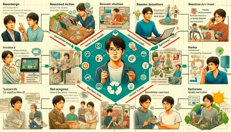 The image is a conceptual collage that visually summarizes the Theory of Reasoned Action applied in various contexts. It features: Yuya-san blogging about health, depicted while writing a blog post in his home office. Haruka leading a recycling initiative, shown during a community meeting with local residents. Kenji launching a smartphone app, presented as he speaks at a tech conference. This collage highlights the theory's versatility and its impact across different fields, emphasizing how it can guide behaviors in health, environmental sustainability, and marketing strategies.