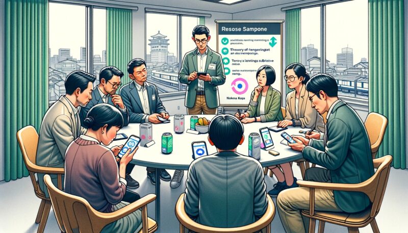 The second image illustrates Kenji, a marketing strategist in Osaka, conducting a focus group with local commuters to gather feedback on the new smartphone app. The setting is informal, with participants seated around a round table, each using their smartphones to explore the app. Kenji is attentively listening and taking notes as participants discuss their experiences and suggestions. This scene effectively captures his hands-on approach in engaging with users, refining the app based on the Theory of Reasoned Action by focusing on aligning their attitudes and subjective norms.