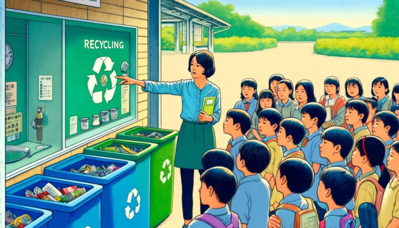 The second image showcases Haruka, an environmental activist, at a local recycling facility near Kyoto, where she is guiding a group of school children on an educational tour. She enthusiastically explains the recycling process using real-life examples, pointing out various recycling bins labeled for different materials. The outdoor setting, under clear blue skies and surrounded by green trees, emphasizes the theme of environmental conservation. This vibrant scene demonstrates Haruka's commitment to changing perceptions about recycling through educational outreach, aligning with the Theory of Reasoned Action by influencing both attitudes and social norms.