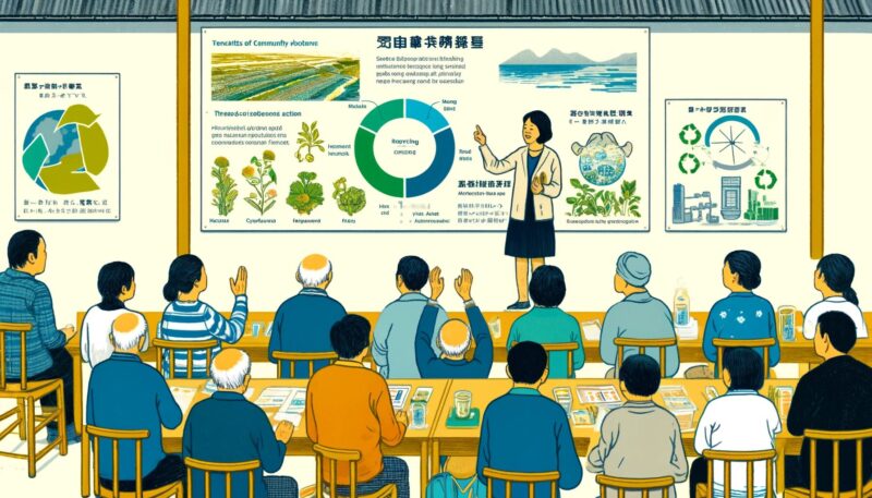 The image illustrates Haruka, an environmental activist, leading a community meeting in a small town near Kyoto. She is energetically presenting the benefits of recycling to a diverse group of townspeople, pointing to a poster that details the recycling processes and their environmental impacts. The audience includes elderly, young adults, and children, who are engaged and curious, with some raising hands to ask questions. This scene effectively captures how Haruka applies the Theory of Reasoned Action to influence community attitudes and norms towards recycling.