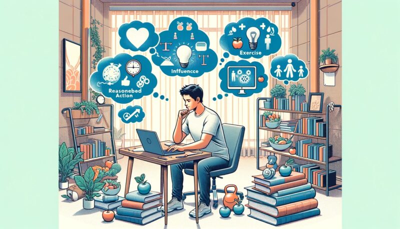 The image captures Yuya-san, a health enthusiast and blogger, actively using the Theory of Reasoned Action to influence his readers towards healthier behaviors. He is in his modern, well-lit home office surrounded by health books and a laptop, brainstorming blog post ideas. The thought bubbles around him contain symbols of healthy foods, exercise, and social interactions, illustrating his strategic approach to align personal attitudes and societal norms towards healthier living through his blog posts.