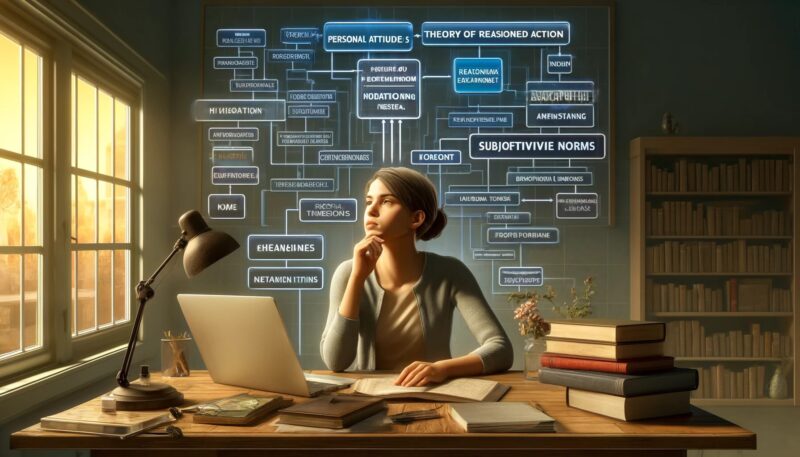 The second image focuses on individual decision-making based on the Theory of Reasoned Action. It depicts a young woman sitting at a desk in a quiet home office, reflecting deeply with a complex flowchart above her head. This flowchart illustrates the interaction between her personal attitudes and the subjective norms from her peers, influencing her behavioral intentions. This visualization highlights the internal psychological process of forming intentions and the significant impact of both personal and societal factors on decision-making.