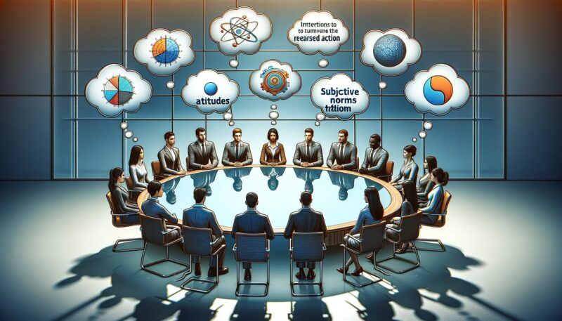 The image created represents the Theory of Reasoned Action. It features a group of diverse individuals seated around a circular table in a modern, brightly-lit conference room. Each person has thought bubbles above their heads, which depict various attitudes and subjective norms influencing their decision-making processes. This setup visually interprets how personal attitudes and perceived social pressures shape individuals' intentions to perform certain behaviors, ideal for understanding this psychological theory in an educational or professional setting.