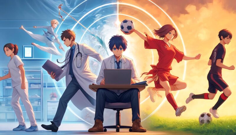 The second image further synthesizes the discussions of Role Theory, featuring Yuya-san, Akari, and Hiro. Each character is depicted dealing with challenges related to their roles and demonstrating resilience and adaptability in finding solutions. The dynamic, semi-abstract representation blends their environments—office, clinic, and soccer field—into one image, emphasizing the universal challenges of balancing multiple roles. The style is vibrant and expressive, capturing the theme of role conflict and resolution vividly.