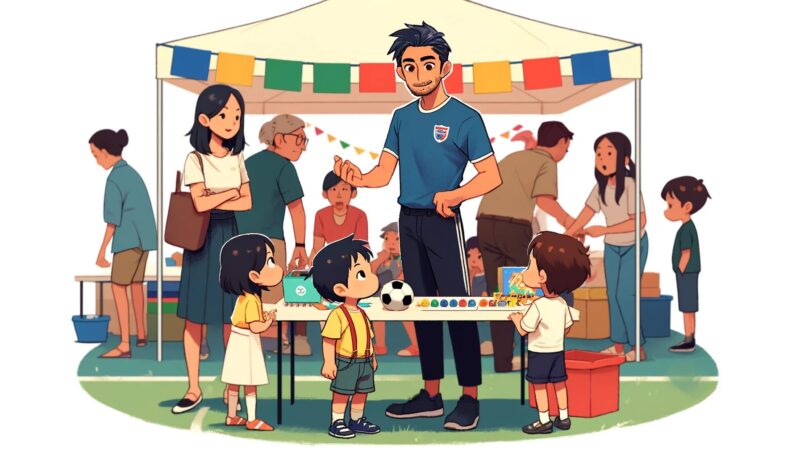 The second image illustrates Hiro, an elementary school teacher and soccer coach, at a school fair. He is actively engaged with parents and children, setting up games and educational booths. This scene captures his leadership and community involvement, portrayed in the midst of a lively and collaborative atmosphere. The style is colorful and dynamic, effectively reflecting the community spirit and Hiro’s central role in promoting a positive environment.