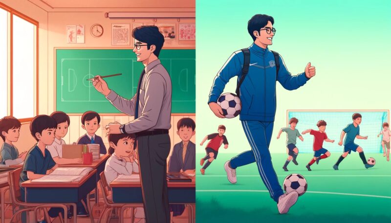 The image created shows Hiro, an elementary school teacher and local soccer coach, adeptly managing his dual roles. One half of the image depicts him in a classroom setting, teaching children, showcasing his nurturing and educational role. The other half shows him on a soccer field, actively coaching a team, highlighting his motivational and strategic side. This dual scene captures Hiro’s adaptability and the distinct behaviors required in each of his professional environments, portrayed in a realistic style that clearly differentiates the educational atmosphere from the energetic sports field.