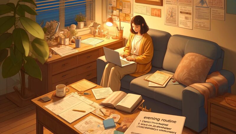 The second image portrays Akari, a clinical psychologist and community volunteer, during her evening routine at home. It shows her in a relaxed setting, reviewing notes from her clinical sessions and planning community activities in her home office. The environment is filled with elements like an open laptop with emails, a planner, and community flyers on the table. This image captures her continued dedication to her professional and volunteer roles, even during her personal time, with a warm and intimate style reflecting the personal side of Akari's life.