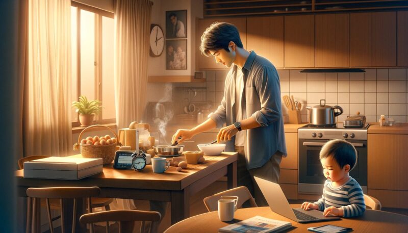 The second image features Yuya-san in his home office during an early morning, blending his professional and personal life. It shows him multitasking, preparing breakfast while checking emails on a laptop, with his toddler seated at the kitchen table. The warm and realistic style captures a serene yet busy morning, highlighting the intimate and personal side of his dual roles as an entrepreneur and father.