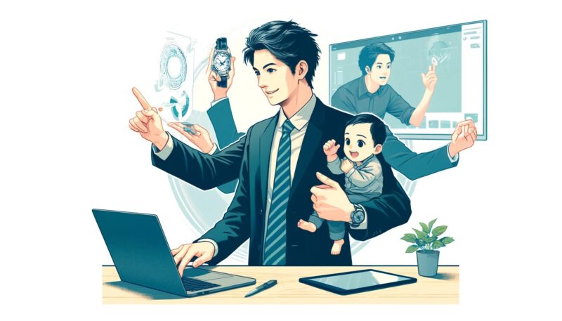 The image captures Yuya-san, a young entrepreneur and new father, as he balances his professional and personal life. In the scene, Yuya-san is in a dynamic office environment, dressed in business attire, engaging in a video conference. Simultaneously, he is interacting with his toddler who plays nearby. The visual representation highlights the challenge of multitasking and blending work with family life, portrayed in a semi-realistic style that emphasizes both the professional and personal aspects of his roles.