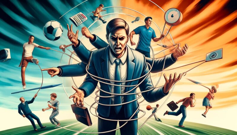 The second image visually explores the concept of role conflict within Role Theory. It depicts an individual at the center, visibly stressed, surrounded by contrasting roles: as a businessman in an office, a coach on a sports field, and a parent at a playground. Each role representation pulls the central figure in different directions, symbolizing the emotional and psychological strain of balancing multiple societal expectations. The style is dynamic and somewhat abstract, emphasizing the emotional impact of role conflict.