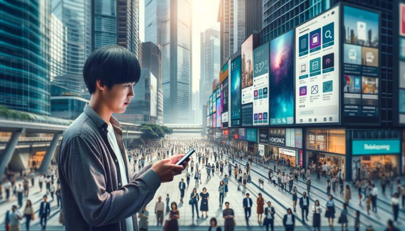 The newly created image features a young adult of East Asian descent in their twenties, using a smartphone in a modern city environment. The vibrant scene is bustling with a diverse crowd, all engaging with their smartphones, reflecting the widespread adoption of this technology. The image underscores the integration of smartphones into daily life, particularly highlighting the early majority adoption phase within the diffusion of innovations framework.