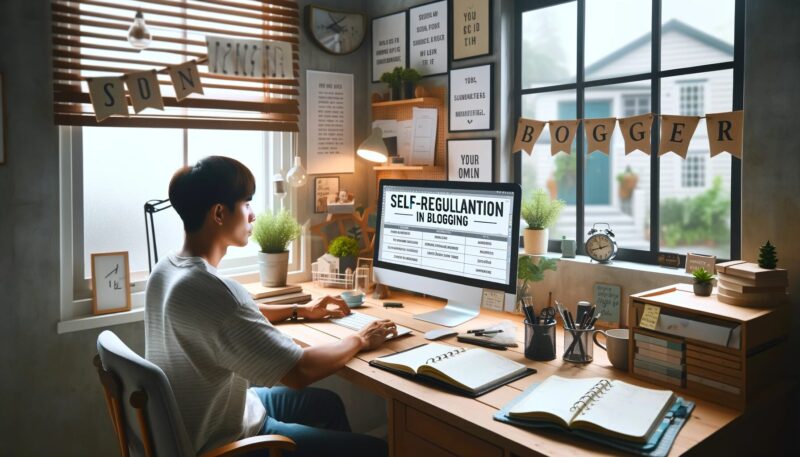 The image depicts a tranquil and meticulously organized home office, capturing a moment of focused blogging activity. An Asian male blogger is seen engrossed in his work, attentively gazing at his computer screen. His workspace is neatly arranged, with carefully placed notes and an open planner on the desk, indicating a disciplined approach to managing his blogging tasks. Inspirational quotes adorn the wall, contributing to the motivational ambiance of the room. A window provides a serene view of a quiet street, enhancing the calm and conducive environment for concentration. A small plant on the desk adds a touch of vitality, symbolizing growth and renewal. The overall atmosphere exudes a sense of concentration and effective self-management in a tranquil and motivating workspace.